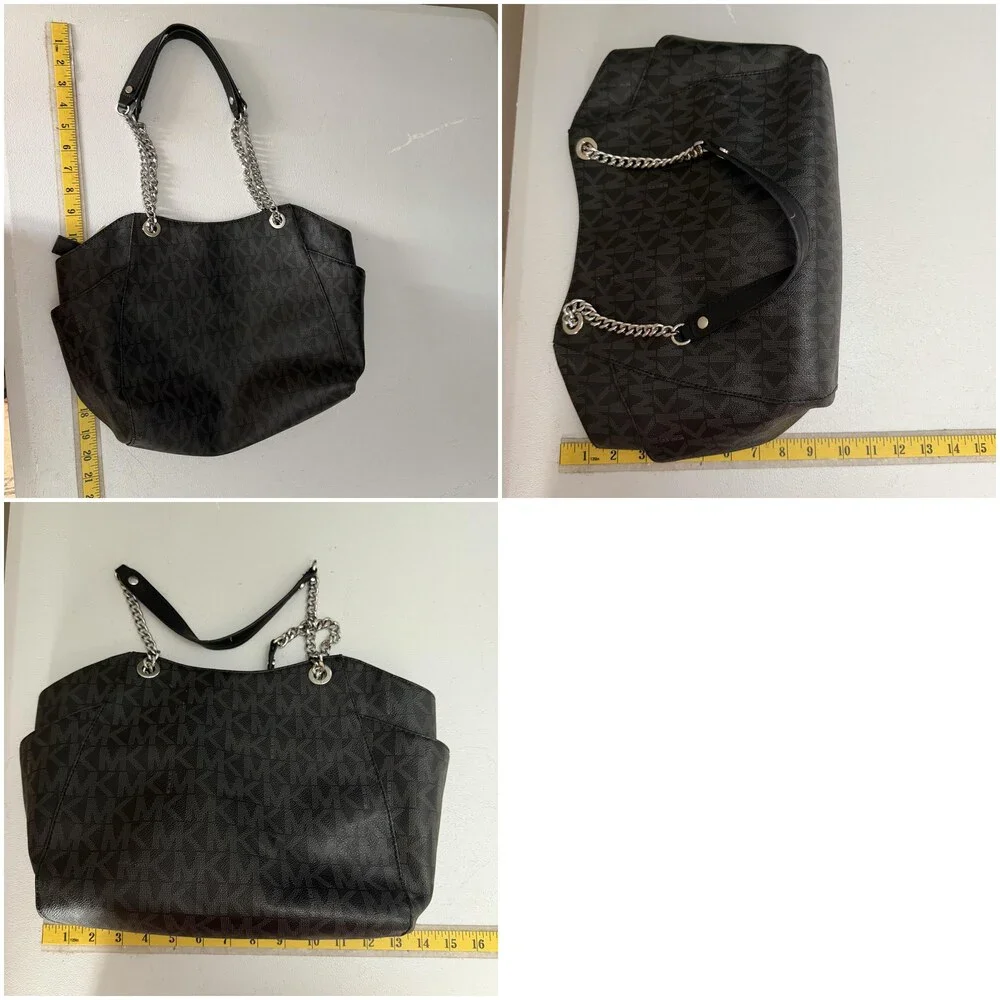 Michael Kors Shoulder Bag Womens Large Black Logo PVC Chain Tote Zip Wallet